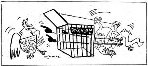 GARUDA PANCASILA, 1969 CARICATURE. "Some intellectuals and politicians refute that Pancasila needs revitalization, which is a fallacy purely because Pancasila has been left behind for the sake of narrow, primordial, short-term interests". (caricature by sanento juliman)