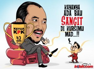 KARIKATUR KURSI ABRAHAM SAMAD. "Beberapa waktu sebelum sidang Komisi Etik KPK, Abraham Samad melontarkan adanya upaya mengkudeta dirinya selaku pimpinan KPK. Ini seakan mengkonfirmasi dugaan publik tentang adanya yang tak berjalan baik di tubuh KPK selama ini. Mata segera tertuju kepada Busyro Muqoddas dan Bambang Widjojanto yang selama ini menurut pengetahuan publik banyak berseberangan dengan Abraham Samad dalam pengambilan keputusan, terutama dalam kaitan penetapan tersangka." (download, inilah.com) 