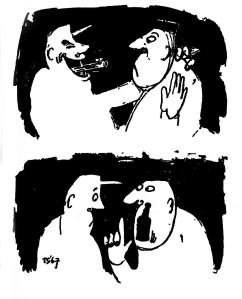 ABRI VERSUS POLITISI SIPIL. "Tidak dibutuhkan tempo yang terlalu lama untuk melihat bahwa perwira-perwira yang ditugaskan menjalankan fungsi sospol secara kualitatif tak banyak melebihi kaum sipil. Bedanya, mereka memiliki jaringan dan solidaritas korsa yang sedikit lebih baik, dan terpenting, lebih kuat karena punya bedil. Pun tak dibutuhkan waktu yang lama bagi munculnya barisan koruptor dan pemanfaat kekuasaan di sekitar Jenderal Soeharto. Barisan ini terdiri dari jenderal dengan jasa kelas dua atau kelas tiga dalam pergolakan politik 1965, 1966 sampai pertengahan 1967, serta kalangan pengusaha pengejar fasilitas maupun para kerabat kalangan kekuasaan." (Karikatur T. Sutanto 1967)