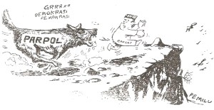 PARPOL DALAM SOROTAN MEDIA, 1969. "Sejak beberapa waktu lalu, jauh-jauh hari sebelum pelaksanaan pemilihan umum, kebanyakan partai politik maupun para politisi partai sudah tak mampu lagi menutupi hasrat besarnya mengumpulkan dana. Ganti berganti, sejumlah nama tokoh partai muncul dalam berita mengenai dugaan suap dan gratifikasi, pengaturan proyek, sampai kepada perilaku berbau ‘pemerasan’."