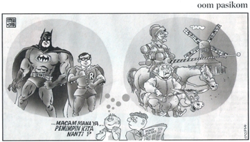 PERTANYAAN OM PASIKOM DI KOMPAS. "Deklarasi pasangan dua calon presiden dan wakil presiden yang telah terjadi Senin ini, sebenarnya suatu situasi faitaccompli bagi Partai Golkar dan Partai Demokrat, agar mewujudkan poros ketiga. Kalau mereka bisa mengatasi subjektivitas tertentu pada diri mereka, Senin petang atau paling lambat Selasa pagi 20 Mei mereka juga akan mengumumkannya."